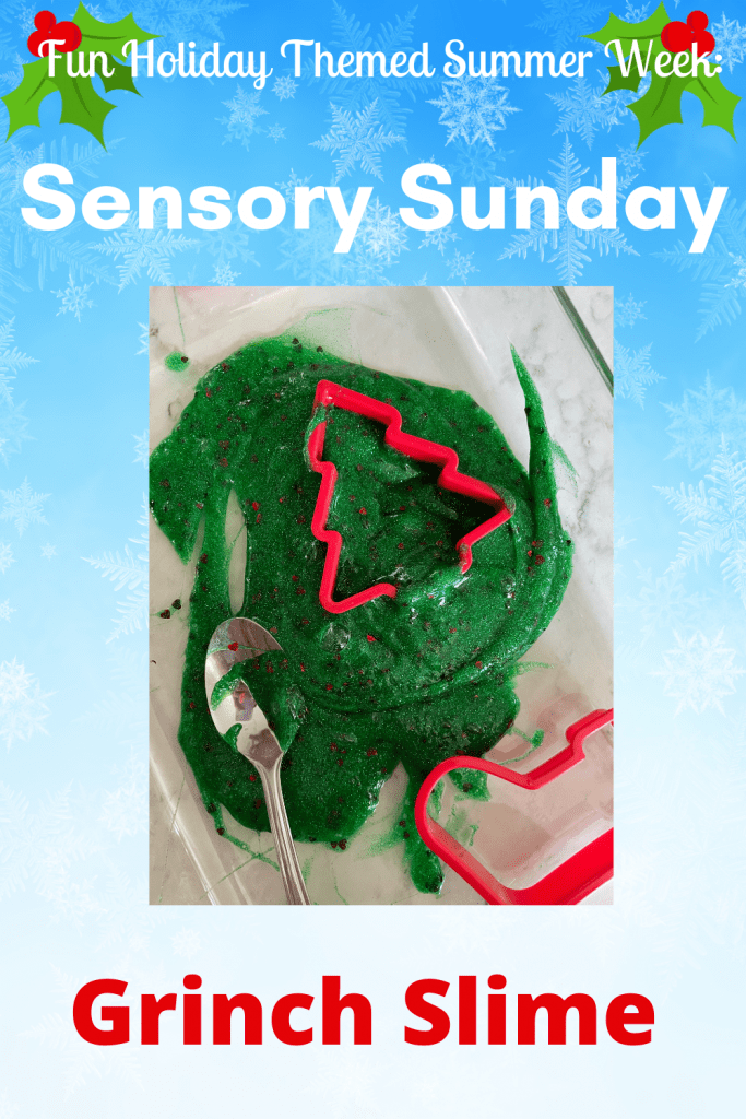 Grinch Slime for sensory sunday holiday themed activity