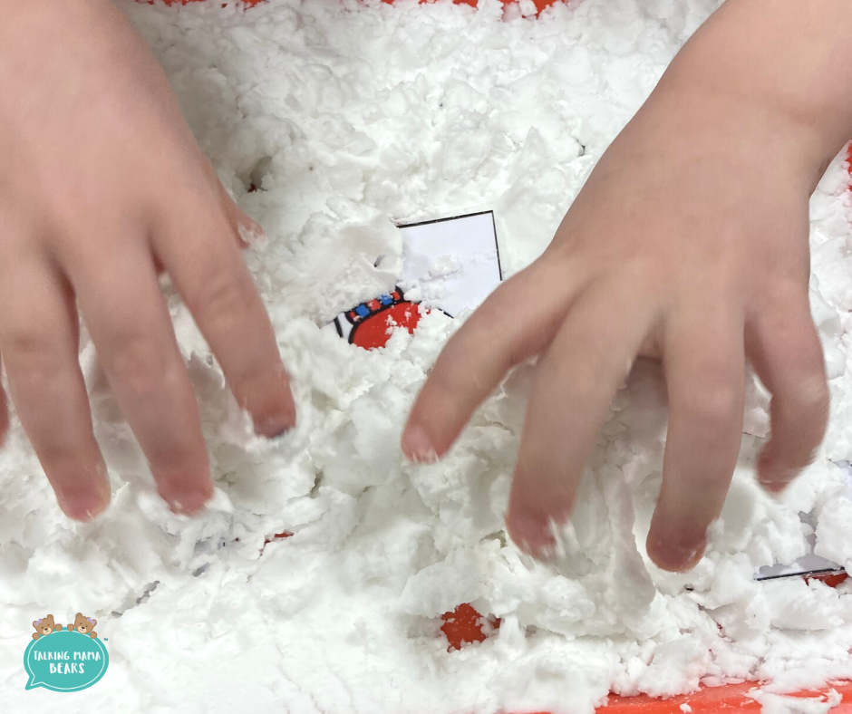 All you need is white conditioner and baking soda to make fake snow for an easy winter themed sensory activity