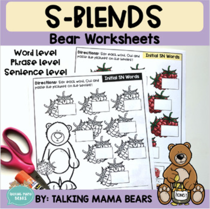 S-blends no prep bear worksheets